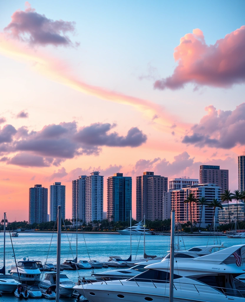 Miami Beach waterfront skyline at twilight