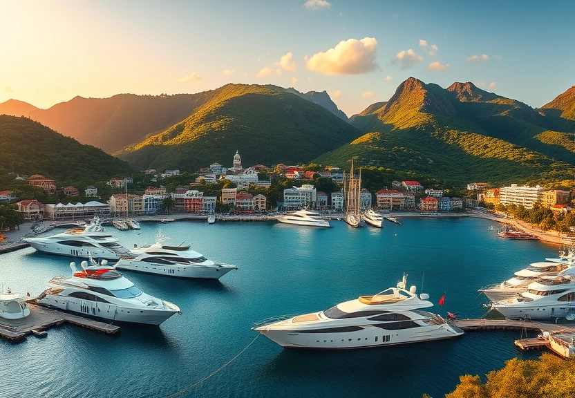 St Barts harbor in the Caribbean with anchored yachts